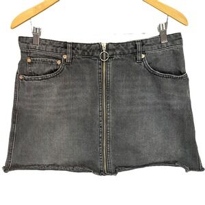 We The Free Black Denim Raw Hem Mini‎ Skirt O-Ring Zip Front Size 30